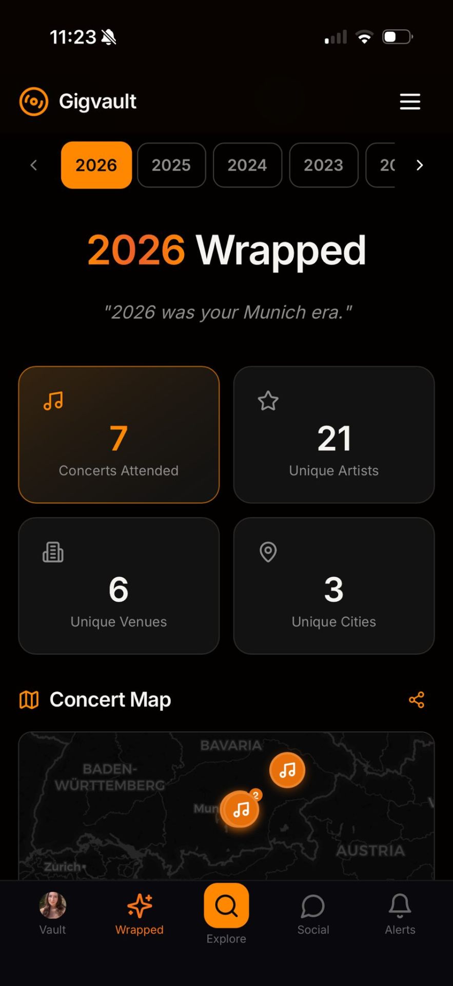 Gigvault 2026 Wrapped: 7 concerts attended, 21 unique artists, 6 venues, 3 cities with a concert map of Bavaria