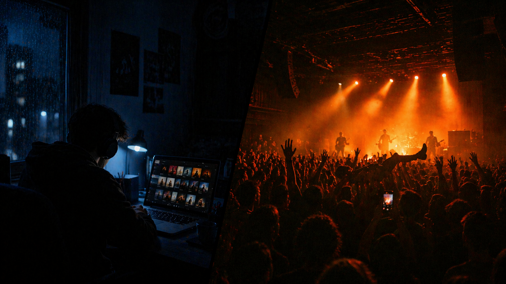 Concert Wrapped – Laptop mit Konzertfotos neben Live-Konzert-Szene