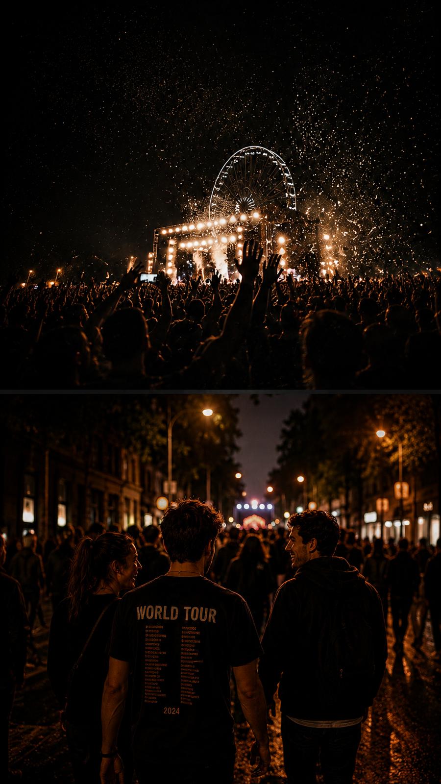 Concert fans at a festival at night and friends walking home after a show in a 'World Tour 2024' shirt