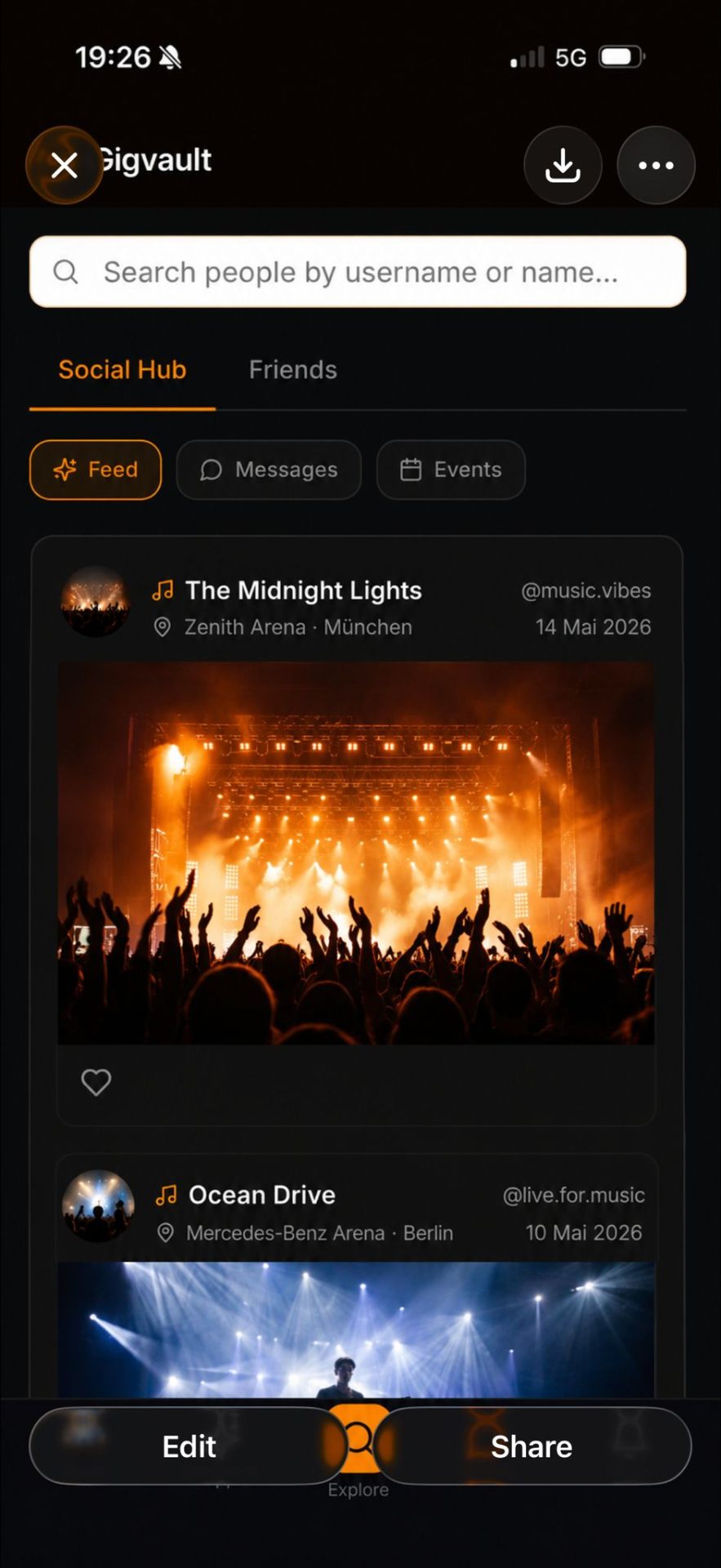Gigvault Social Hub feed showing concert moments from @music.vibes at Zenith Arena München and @live.for.music at Mercedes-Benz Arena Berlin