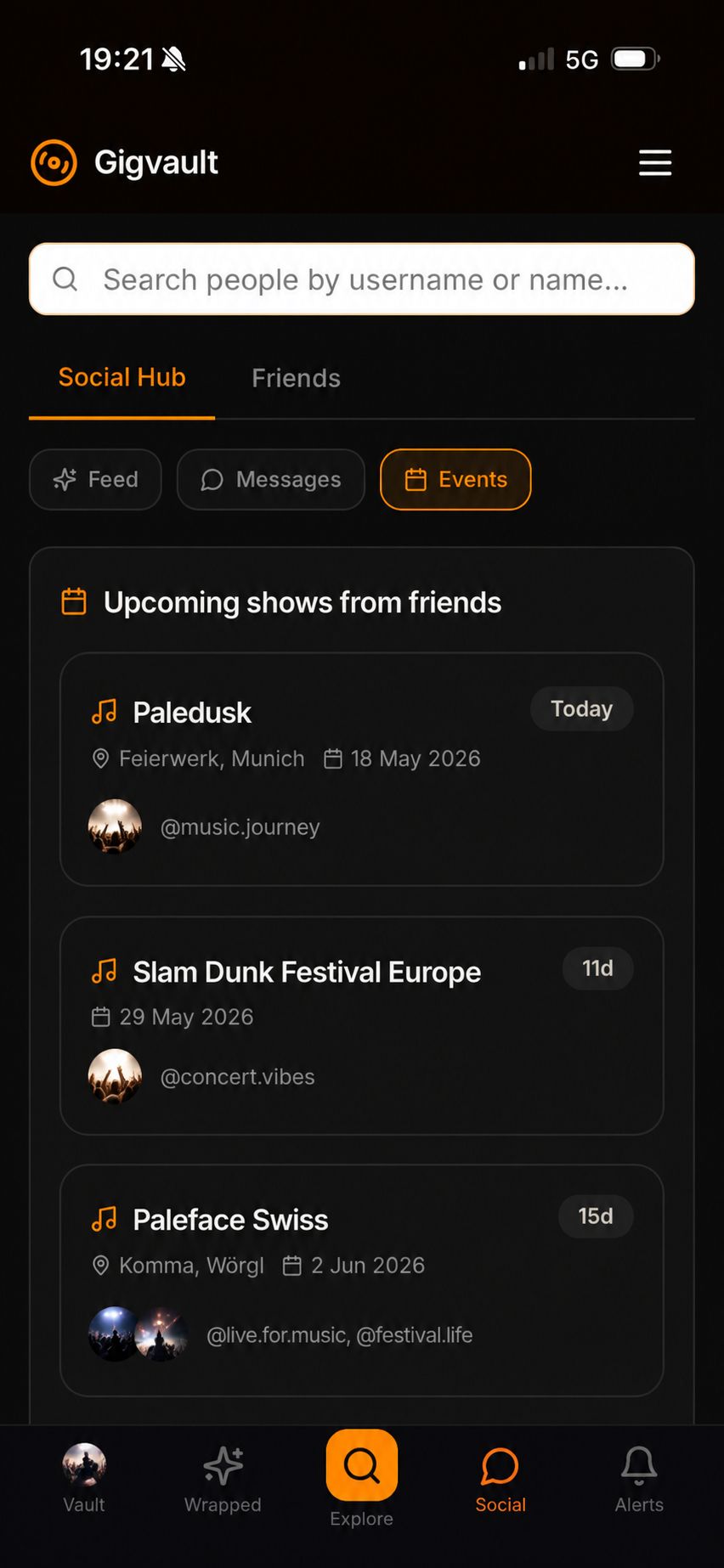 GigVault Social Hub Events tab showing upcoming shows from friends including Paledusk and Slam Dunk Festival