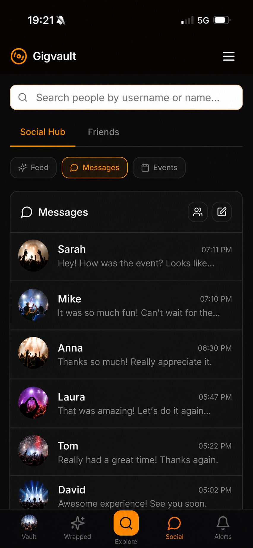Gigvault Messages screen with conversations from Sarah, Mike, Anna, Laura, Tom and David about concerts