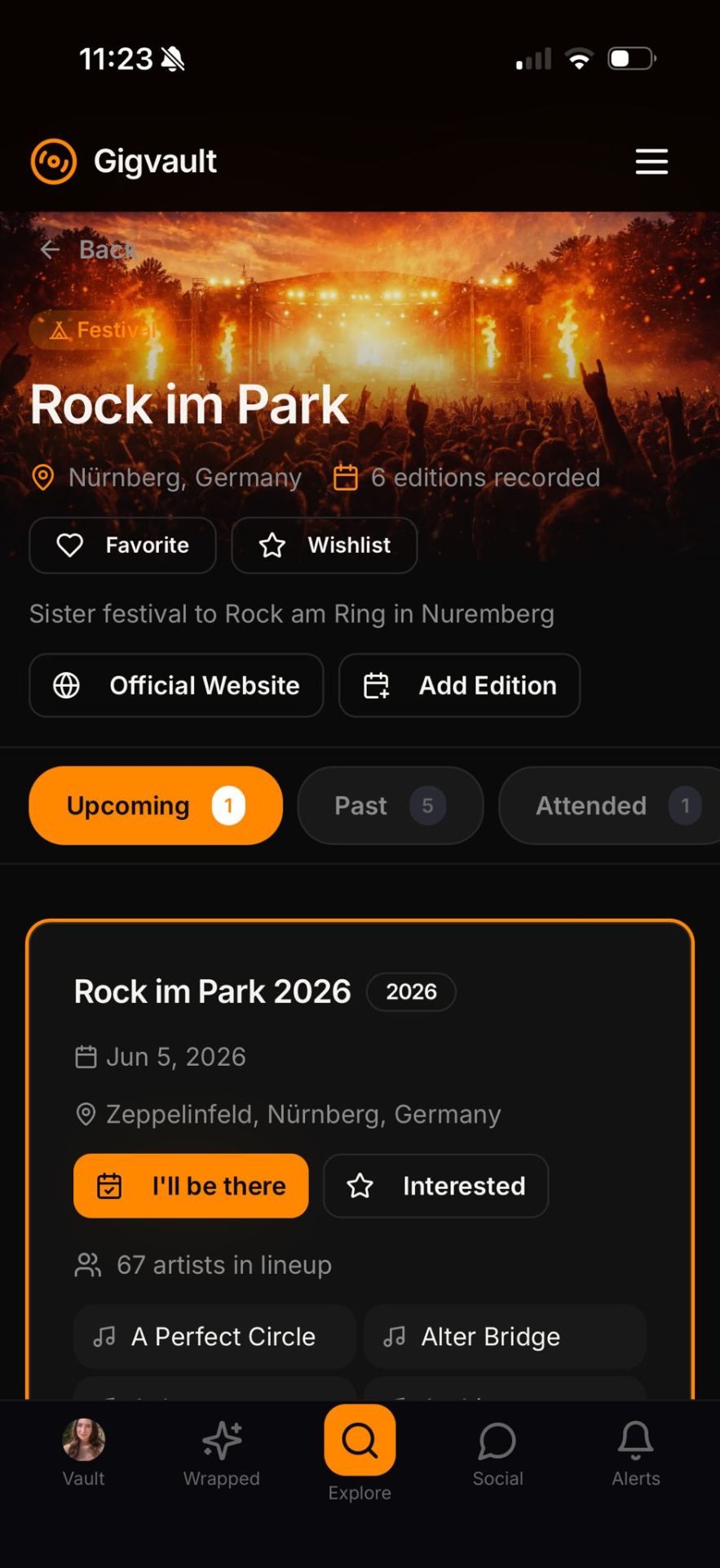 Gigvault festival page with hero image and weekend overview