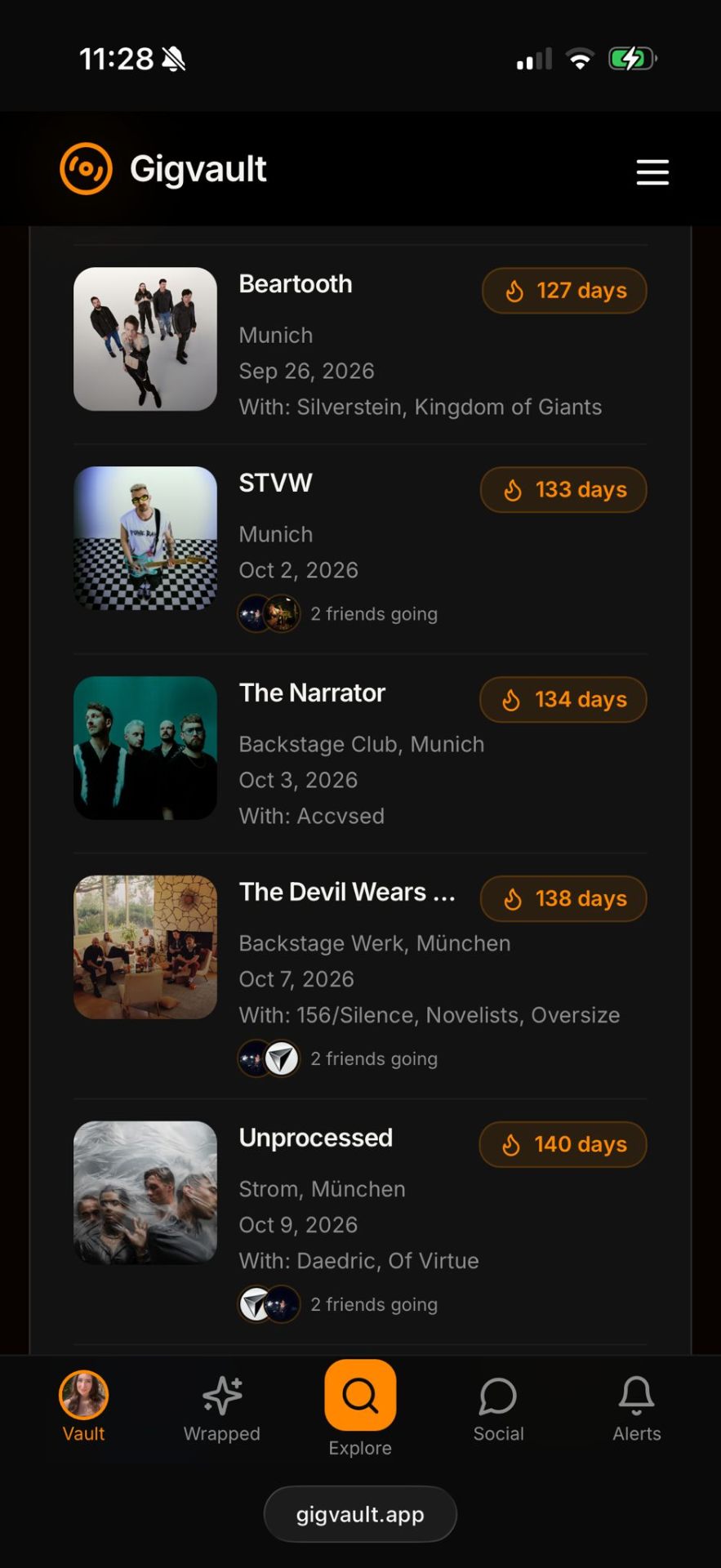 GigVault upcoming concerts list with countdowns, support acts and friends going